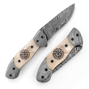 Cuchillo Plegable de Acero de Damasco Personalizado - Cuchillo de Caza y Camping - Grado Industrial - 19 cm de Longitud Total - Grabado Láser Camel - Product Image 3