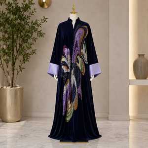 Luxury Elegant Navy Blue Velvet <b>Kaftan</b> Multicolor <b>Sequin</b> Embroidery | Designer Open Front Islamic Abaya Floor Length Long Sleeve - Product Image 6