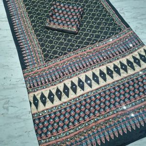 Magnifique Saree en Soie Chinon de Qualité Supérieure avec Broderie Miroir et Paillettes, Blouse de Créateur Imprimée, Idéal pour Fêtes, Mariages, Été, Vente en Gros Gratuite, Style Royal - Product Image 2