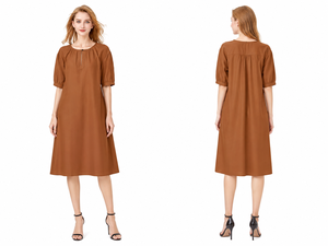 Brown Cotton Crew Neck Bohemian Eco-Friendly Handmade Solid Casual Midi <b>Dress</b> Gathered Neck Earthy Brown - Product Image 3