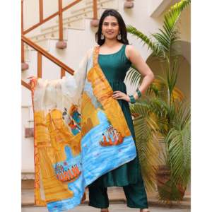 Conjunto de Traje de Chifón Pintado a Mano en Verde Bohemio Siya, Talla XS - Product Image 1