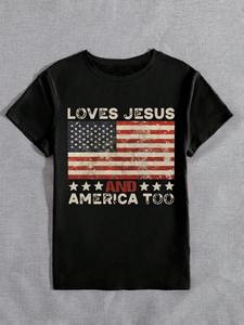 T-shirt noir à manches courtes pour femmes, avec imprimé drapeau américain, Loves Jesus And America Too, col rond, haut d'été décontracté - Product Image 3