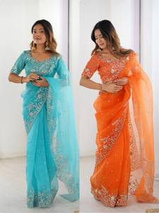 Sari de soirée élégant en soie organza lourde avec broderie de sequins pour femmes toutes saisons, marque TENNECY - Product Image 2