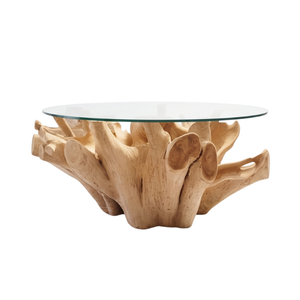 Table à manger moderne en bois massif avec plateau en verre, table basse rustique, meuble d'appoint pour salon - Product Image 2