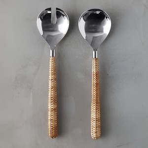Stainless Steel Cutlery Spoon Cutlery Set Salad <b>Server</b> Tabletop Kitchen Accessories Rattan Handle Top Selling Sale - Product Image 1