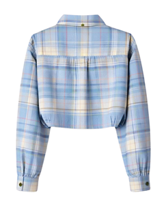 Chemisier court personnalisé à carreaux bleus pour femme, col rabattu, manches longues, boutonné, style décontracté, fabricant OEM - Product Image 5