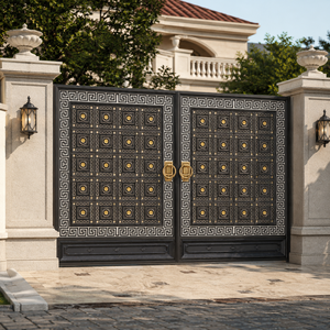 Portail de sécurité de luxe noir en métal à motif grec avec accents dorés, design orné pour entrée de villa à double porte pour la maison - Product Image 2