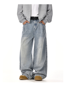 Jean baggy en denim délavé multi-couleurs vintage à taille haute et jambe large, style OEM 2026, pour homme, idéal pour l'hiver - Product Image 1