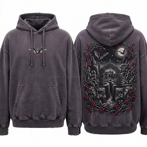 <b>Black</b> Acid Wash Hoodie Custom Red Wave Graphic Print Streetwear Oversized Heavyweight Cotton <b>Fleece</b> Pullover Men Supplier - Product Image 5