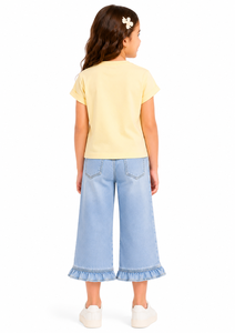 Pantalones Vaqueros Culotte de Pierna Ancha para Niñas, Lavado Claro, con Dobladillo con Volantes, Prenda Inferior Informal y Elegante, Tejido de Mezcla de Algodón Premium, Cómodo - Product Image 3