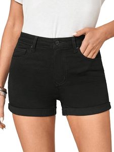 Shorts de mezclilla negros de cintura alta para mujer, color sólido, casuales, de verano, corte regular, con bolsillos, tela de algodón tejida - Product Image 4