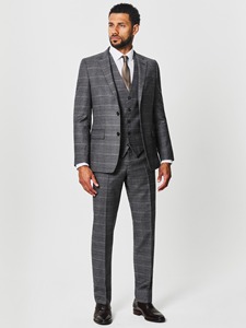 Costume 3 pièces gris à carreaux pour homme, style britannique, simple boutonnage, mélange de laine, col cranté, braguette boutonnée, coupe classique - Product Image 1