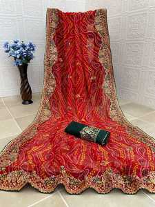 Soft Georgette Bandhani Print Saree Embroidery Work Banglori <b>Satin</b> <b>Blouse</b> Women Quick Dry Modern Festive Wedding Sarees - Product Image 5