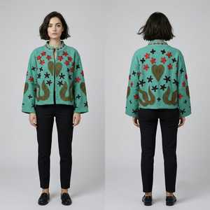 Blazer de Mujer Hastkala con Cuello Mandarín y Bordado Floral a Mano, 100% Algodón, Manga Tres Cuartos, Estilo Otoñal, Corto - Product Image 2