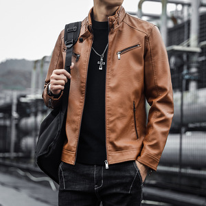 Blouson moto en cuir pour homme, col montant, fermeture éclair, couleur unie, coupe ajustée, manches classiques, idéal pour l'automne - Product Image 3