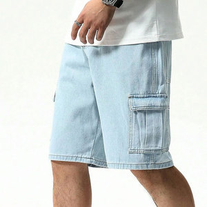 Shorts cargo bleu clair pour homme, taille mi-haute, élastique, respirant, style bermuda décontracté avec plusieurs poches, couleur unie, tissu en coton - Product Image 3