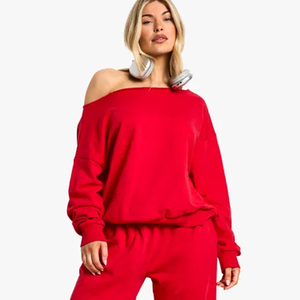 Sudadera Oversize Roja para Mujer con Hombros Descubiertos, Manga Larga, Tejido Sólido, Estilo Casual para Otoño - Product Image 1