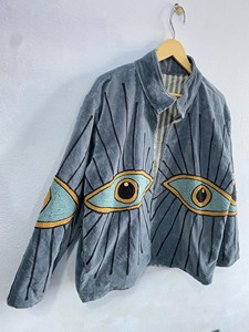 Veste Bohème Grise en Velours Brodé Motif Œil Turc, Faite à la Main, Manches Longues, Col Montant, Style Bohème, pour l'Automne - Product Image 3