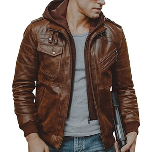 Veste de moto à capuche en cuir PU pour homme, fermeture éclair, coupe ajustée, style automne, manches classiques, couleur unie, doublure en coton - Product Image 6