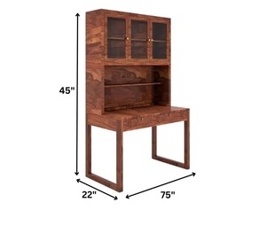 Tall Wooden <b>Computer</b> <b>Desk</b> with Bookshelf |Solid Wood Home Office <b>Desk</b> with Glass Door Hutch | Jodhpur Export - Product Image 4