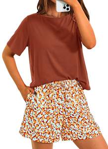 Conjuntos de mujer a la moda para verano, camisetas de manga corta con cuello en U y conjuntos cortos 100% algodón, conjunto de 2 piezas extragrande para mujer - Product Image 3