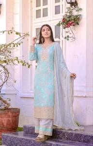 Designer Embroidery And 3mm Sequence Work Faux Georgette <b>Top</b> With Plazzo Bottom And Dupatta Fully Stitched Ready To Wear Set - Product Image 2