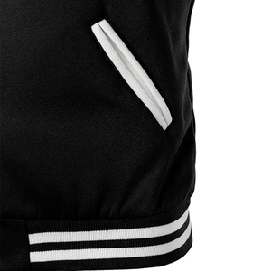 Custom Canvas Varsity <b>Jacket</b> Black Body <b>White</b> Sleeves Unisex Letterman <b>Jacket</b> Stand Ribbed Cuffs Hem Snap Button Baseball Coat - Product Image 5
