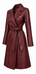 Abrigo Cruzado de Cuero Genuino para Mujer con Cinturón |   Gris Camel Negro |   Fabricante OEM ODM |   Diseño de Calidad Premium |   Ropa de Cuero | - Product Image 3