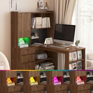 Escritorio de Estudio Moderno en Forma de L para Oficina en Casa con Luz LED, Cajones y Estantería para Escribir y Leer - Product Image 2