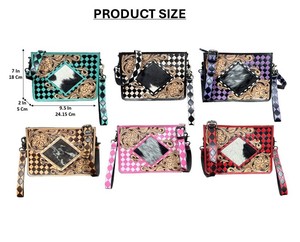 New Latest Stylish Tooled Leather Sling Shoulder Bag Cowhide Purple & White Checkered Western Crossbody Purse <b>Wristlet</b> Handbag - Product Image 2