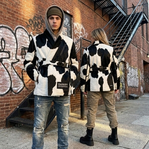 DARKRY ENTERPRISES Men's Faux Fur Cow Print <b>Jacket</b> <b>Mandarin</b> <b>Collar</b> Belted Streetwear Winter Coat - Product Image 5