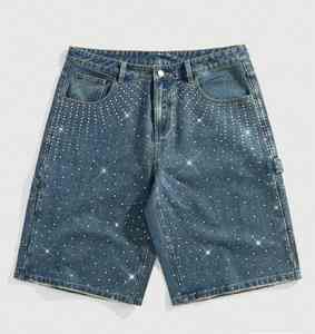 Short en jean décontracté coupe droite personnalisé pour hommes, style vintage, en coton, avec bord brut et fermeture éclair, orné de strass - Product Image 4