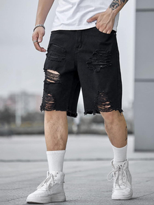 Shorts en jean décontractés pour hommes, taille mi-haute, coupe droite, broderie 3D, respirants, écologiques, avec fermeture éclair, pour l'été - Product Image 5
