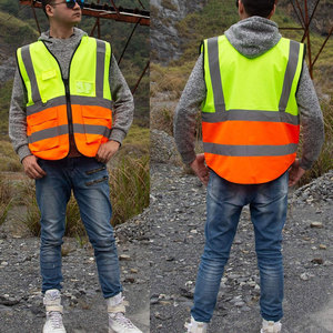 Gilet de sécurité réfléchissant haute visibilité avec fermeture éclair et poches, gilet en maille respirante, mélange orange et jaune - Product Image 3