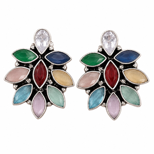 Pendientes de Plata Oxidada con Múltiples Piedras en Forma de Flor, Plata Antigua Chapada en Latón con Ónix Engastado, Entrega Rápida, Directo de Fábrica - Product Image 1