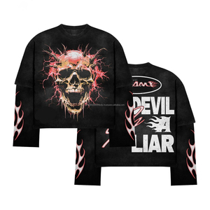 Camiseta de hombre personalizada con estampado vintage, cuello redondo, pedrería, de algodón grueso, unisex, deportiva, oversize, corte holgado, lavado ácido - Product Image 1