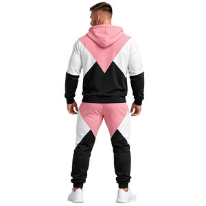 Ensemble de survêtement pour homme rose et noir à blocs de couleur, sweat à capuche zippé et pantalon de jogging, tenue décontractée pour la gym, le fitness, la course et le streetwear - Product Image 5