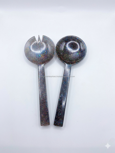 Top quality epoxy resin mint green aqua swirl epoxy resin salad server set of two with <b>engraved</b> handle Aqua polyresin server set - Product Image 3