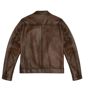 Mens <b>Brown</b> Genuine <b>Leather</b> Streetwear <b>Jacket</b> Snap Tab Collar Zip Front Slimfit Minimalist Premium Casual Custom Winter Outerwear - Product Image 6