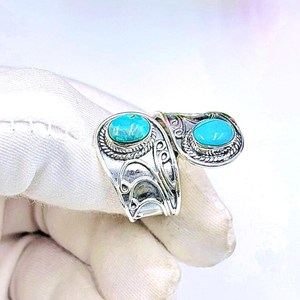 925 Sterling <b>Silver</b> Turquoise Bypass <b>Ring</b> Double Oval Gemstone Boho <b>Statement</b> Jewelry - Product Image 2
