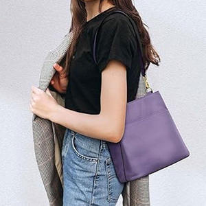 <b>Purple</b> Leather Tote Bag Women Shoulder Crossbody <b>Handbag</b> Zipper Closure Two Straps for Daily Travel - Product Image 2