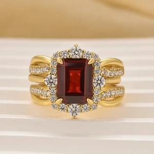 925 <b>Sterling</b> <b>Silver</b> Vintage Emerald Cut Moissanite Halo Red Green Wedding <b>Ring</b> <b>Set</b> 4 Prong Setting Yellow Gold Plated for - Product Image 1