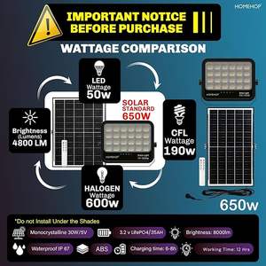 Projecteur solaire Homehop pour extérieur, 650 watts, automatique, étanche, sans fil, lampe murale LED solaire pour maison, jardin, patio - Product Image 3
