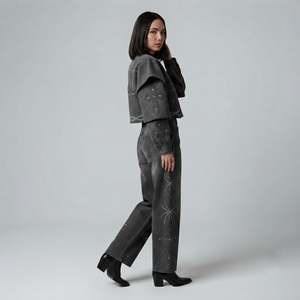 Custom Women Set Denim Tracksuit Set Rhinestone Studded Cropped Jean <b>Jacket</b> Wide Leg Pants Washed Black <b>Gothic</b> Y2K Streetwear - Product Image 5