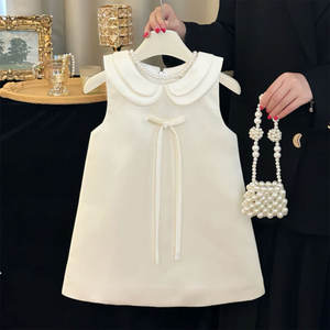 Robe Crème Coupe A-Line pour Filles, Robe de Princesse en Satin avec Col Perlé et Nœud en Ruban, Tenue de Fête et Formelle pour Enfants de 1 à 12 ans - Product Image 1