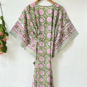 Robe longue maxi en coton imprimé à la main indienne, style kaftan, à motifs floraux, pour la plage, la nuit ou les futures mamans - Product Image 1