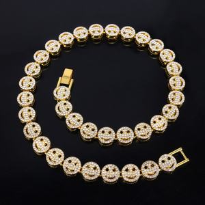 S925 Silver Moissanite Smile Face <b>Statement</b> <b>Necklace</b> Rhodium Plated Hiphop Style Beaded Chain Unisex Everyday Wear - Product Image 3