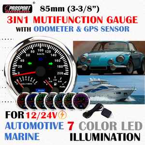 Nouveau Compteur de Vitesse Électrique 3-en-1 7 Couleurs en Acier Inoxydable 316 de 85mm (3-3/8 po) 200KMH avec Tachymètre et Jauge de Carburant 12/24V Cadran Noir IP67 - Product Image 2