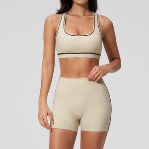 Yoga Set High Waist Crop Top Shorts Solid Color Contrast Stitch Breathable Sport Wear for Women Yoga Set MADE BY HS - Product Image 1
