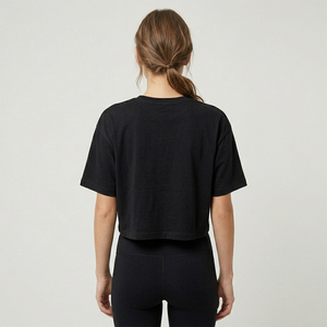 Women's Black <b>Cropped</b> T-Shirt Oversized Short Sleeve 100% Cotton Boxy Streetwear Casual Summer Tee Plus Size OEM ODM Logo - Product Image 3